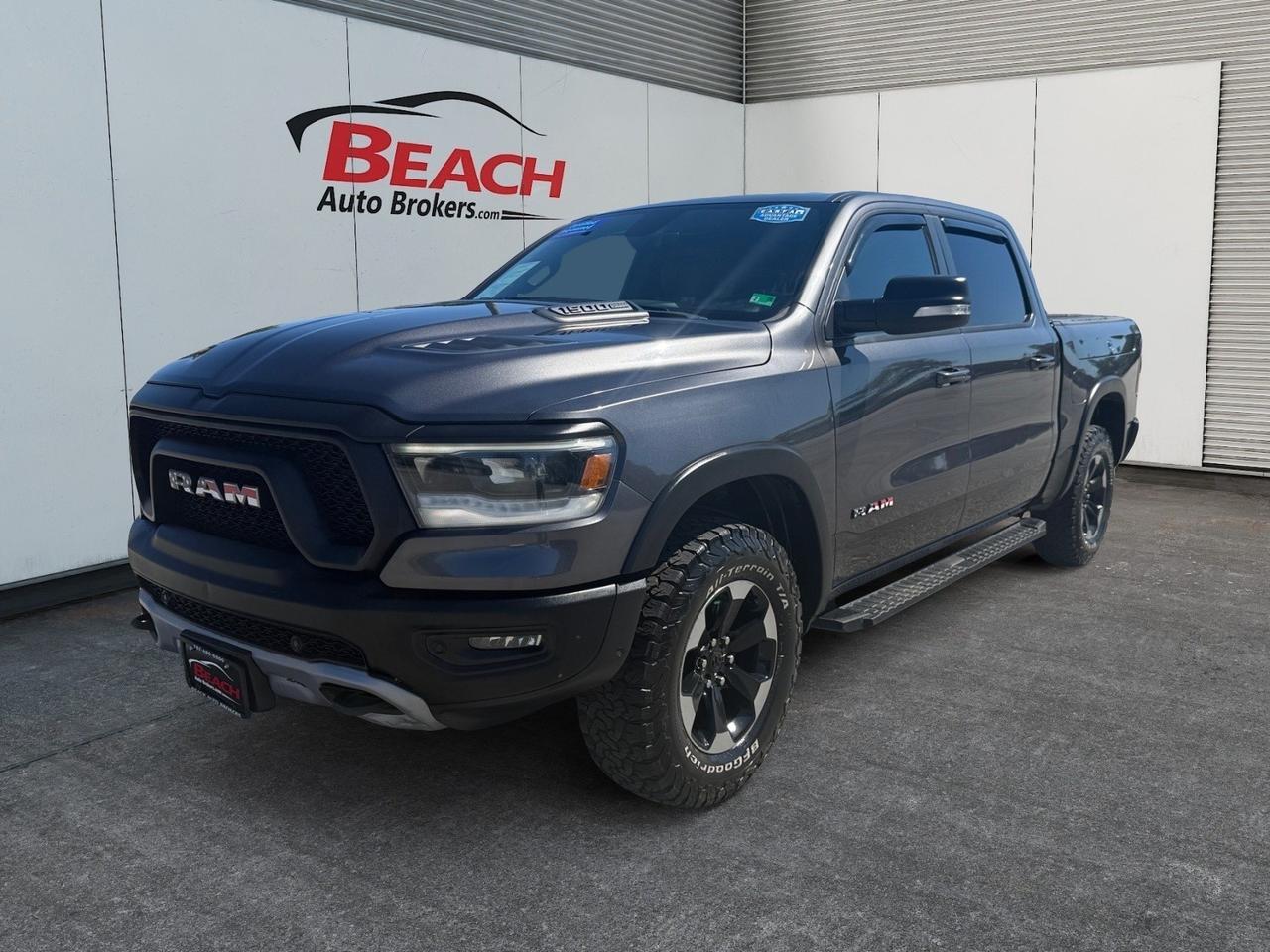 2019 Ram 1500 Rebel, HEATED SEATS, HEATED STEERING WHEEL, BACKUP CAMERA, UNIVERSAL GARAGE DOOR OPENER, RUNNING BOARDS, POWER SLIDING REAR WINDOW, REMOTE START, TONNEAU COVER, APPLE CARPLAY/ANDROID AUTO, RAMBOXES, CLEAN CARFAX!