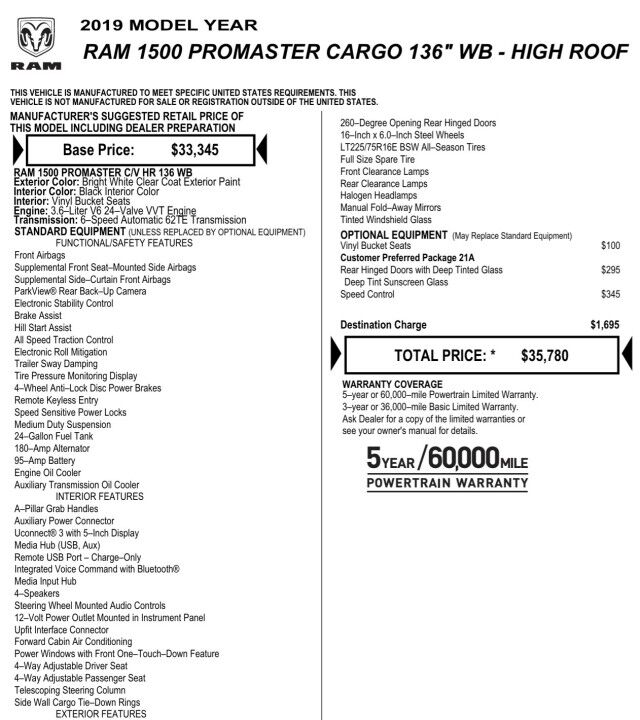 2019 Ram ProMaster 1500 Cargo Van / High Roof / 3.6L V6! High Point NC