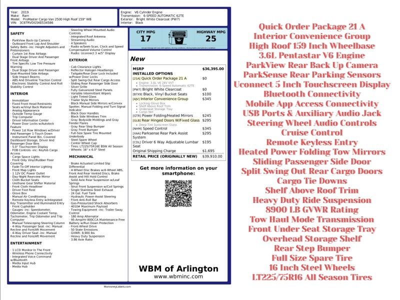 2019 Ram ProMaster 2500 159 High Roof Cargo Van FWD