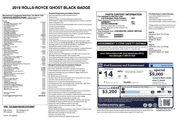 2019 Rolls-Royce Ghost BLACK BADGE ($440,300 MSRP!!) *STARLIGHT HEADLINER* *REAR THEATRE* *$120,000 IN OPTIONS* San Diego CA