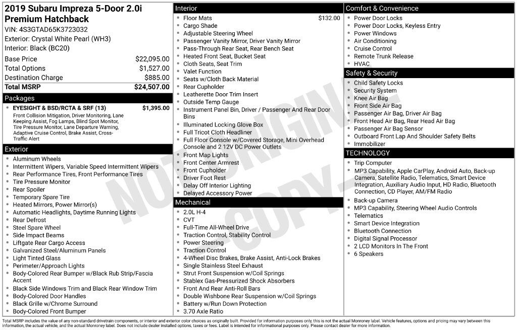 2019 Subaru Impreza 2.0i Premium OR