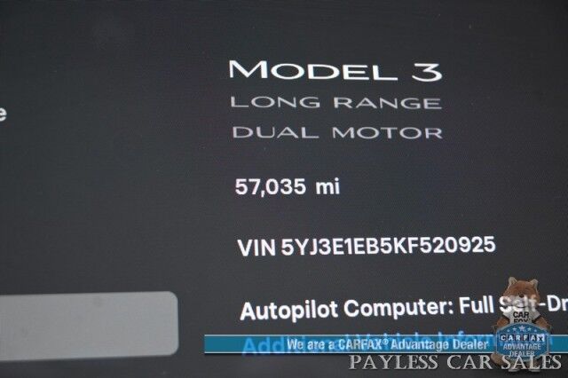 2019 Tesla Model 3 Long Range / AWD / Power & Heated Leather Seats / Fixed Glass Roof / Navigation / Auto Pilot / Adaptive Cruise Control / Lane Departure & Blind Spot Alert / Bluetooth / Back Up Camera / 310 Mile Range Anchorage AK 2019 Tesla Model 3 Long Range / AWD / Power & Heated Leather Seats / Fixed Glass Roof / Navigation / Auto Pilot / Adaptive Cruise Control / Lane Departure & Blind Spot Alert / Bluetooth / Back Up Camera / 310 Mile Range Anchorage AK