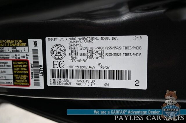 2019 Toyota Tundra Limited / 4X4 / CrewMax / 5.7L V8 / Auto Start / Power & Heated Leather Seats / Navigation / Sunroof / Lane Departure & Collision Alert / Bluetooth / Back Up Camera / Tonneau Cover / Bed Liner / Tow Pkg Anchorage AK