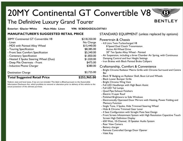 2020 Bentley Continental Continental GTC MULLINER V8 *ONLY 4500 MILES* San Diego CA