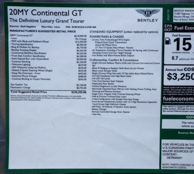 2020 Bentley Continental GT W12 ($276,355 MSRP!) *$53,000 IN OPTIONS!* *MULLINER SPEC* *TOURING SPEC* *BANG & OLUFSEN SOUND* *ROTATING DISPLAY* *BLACKLINE SPEC* San Diego CA