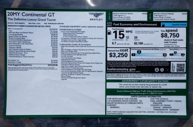 2020 Bentley Continental GT W12 ($276,355 MSRP!) *$53,000 IN OPTIONS!* *MULLINER SPEC* *TOURING SPEC* *BANG & OLUFSEN SOUND* *ROTATING DISPLAY* *BLACKLINE SPEC* San Diego CA