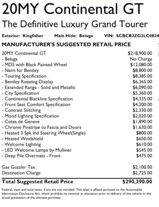 2020 Bentley Continental GT W12 Coupe ($290,290 MSRP!!) *$66,565 IN OPTIONS* *MULLINER DR San Diego CA
