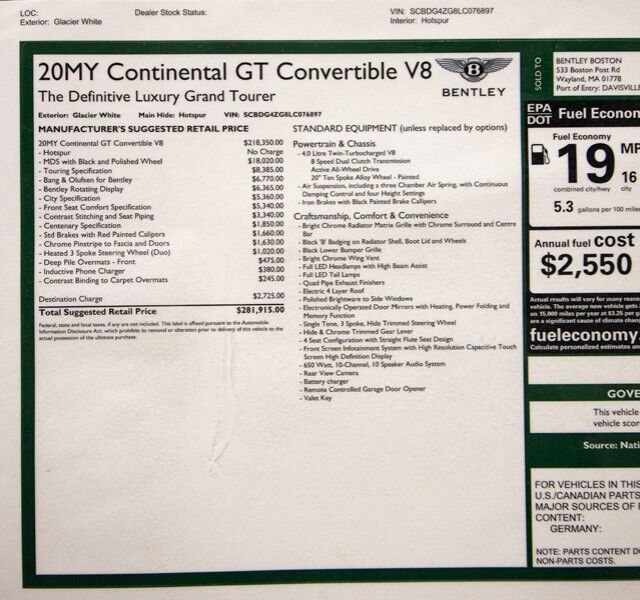 2020 Bentley Continental GTC V8 ($281,915 MSRP) *MULLINER DRIVING SPEC* *ONLY 3700 MILES* *$60,000 IN OPTIONS* San Diego CA