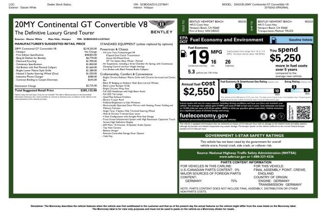 2020 Bentley Continental GTC V8 ($285,125 MSRP) *FIRST EDITION SPECIFICATION* *ONLY 8,000 San Diego CA