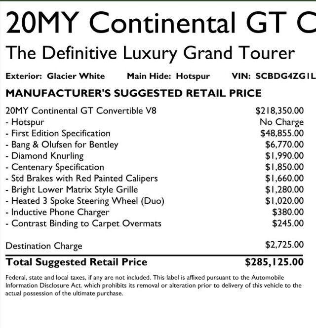 2020 Bentley Continental GTC V8 ($285,125 MSRP) *FIRST EDITION SPECIFICATION* *ONLY 8,000 MILES* *$64,000 IN OPTIONS* San Diego CA