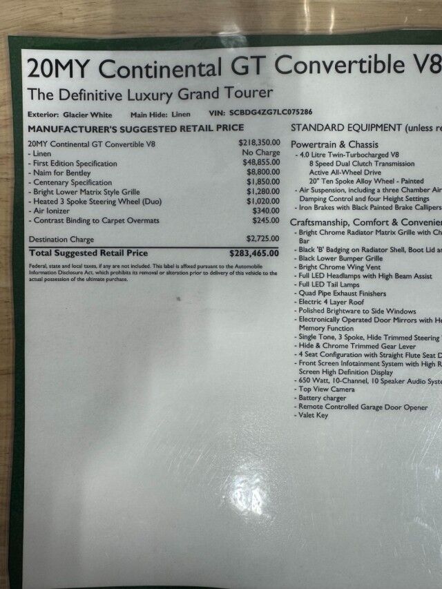 2020 Bentley Continental GTC V8 First Edition ($283,465 MSRP!) *ONLY 9600 MILES* *$62,000 IN OPTIONS* *WHITE ON WHITE* San Diego CA