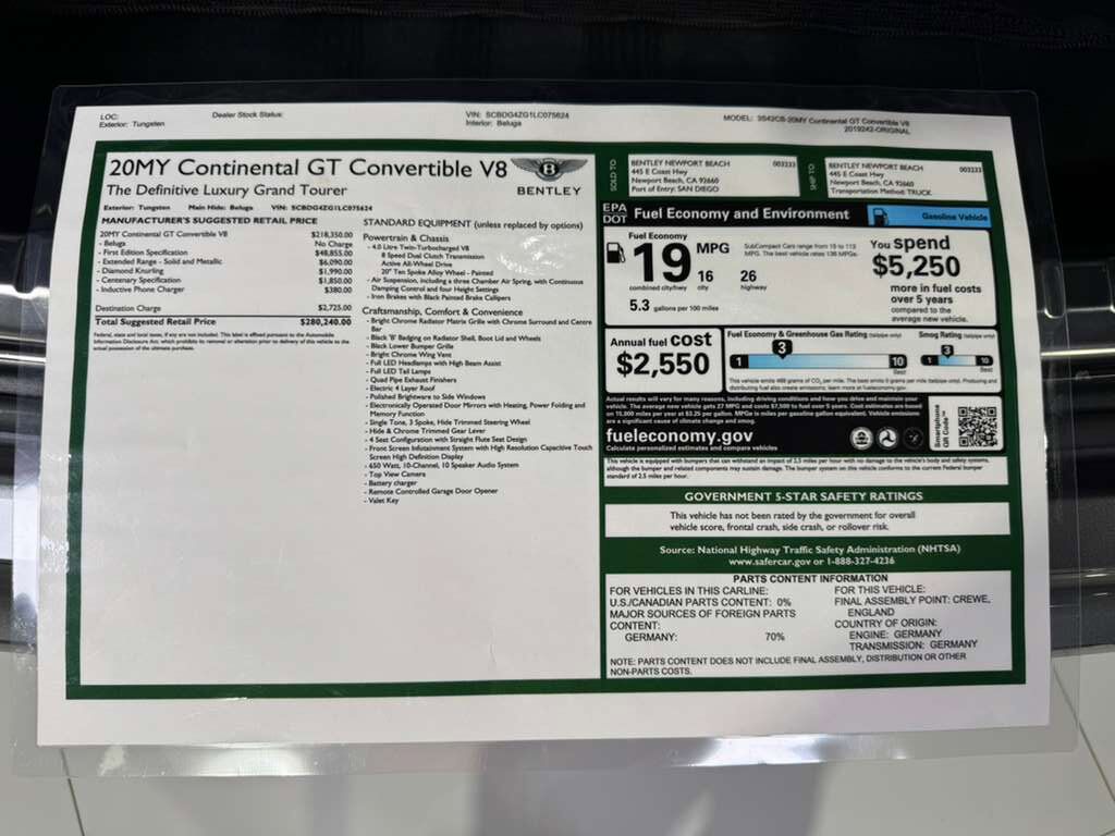 2020 Bentley Continental GTC V8 First Edition Fort Lauderdale FL