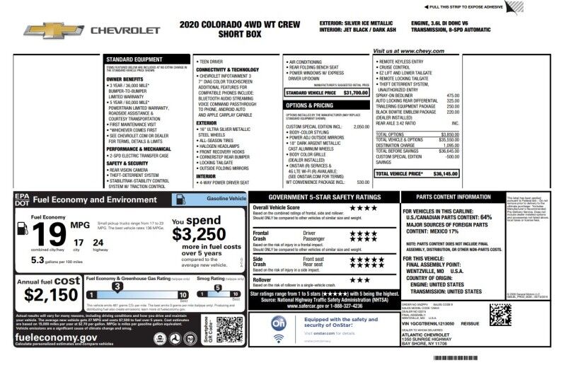 2020 Chevrolet Colorado 4WD CUSTOM SPECIAL EDITION - CONVENIENCE PACKAGE Webster MA