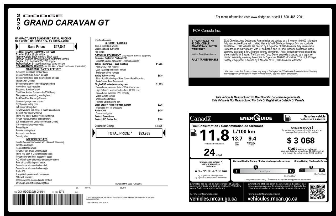 2020 Dodge Grand Caravan GT Leather Nav DVD BCam Red Deer AB