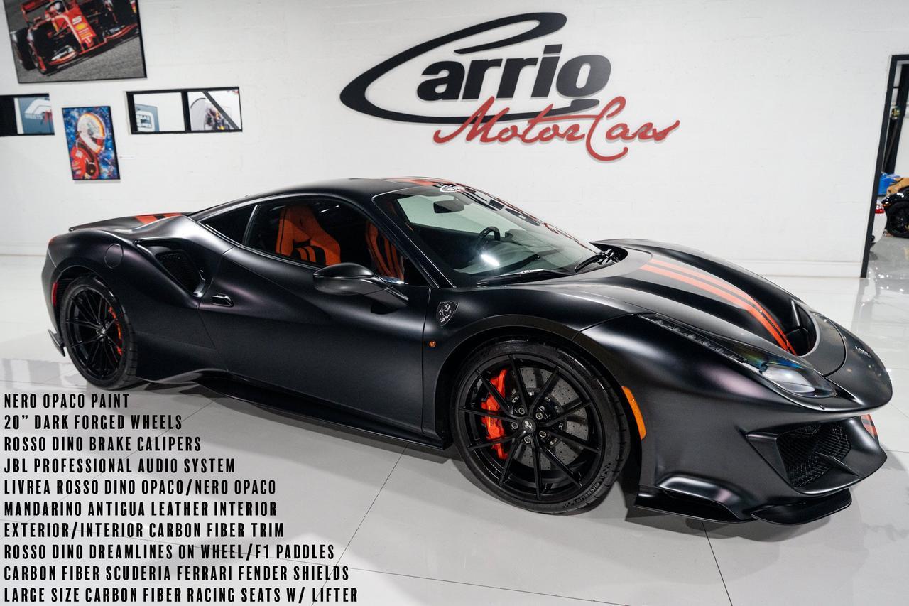 2020 Ferrari 488 Pista Nero Opaco paint,Mandarino Antigua interior,JBL audio,carbon fiber racing seats AND MUCH MORE!!!