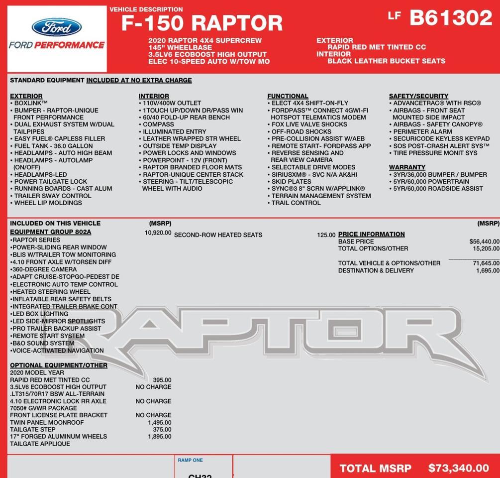 2020 Ford F-150 Raptor 4x4 / High Output V6 / PANO Sunroof! Lincolnton NC
