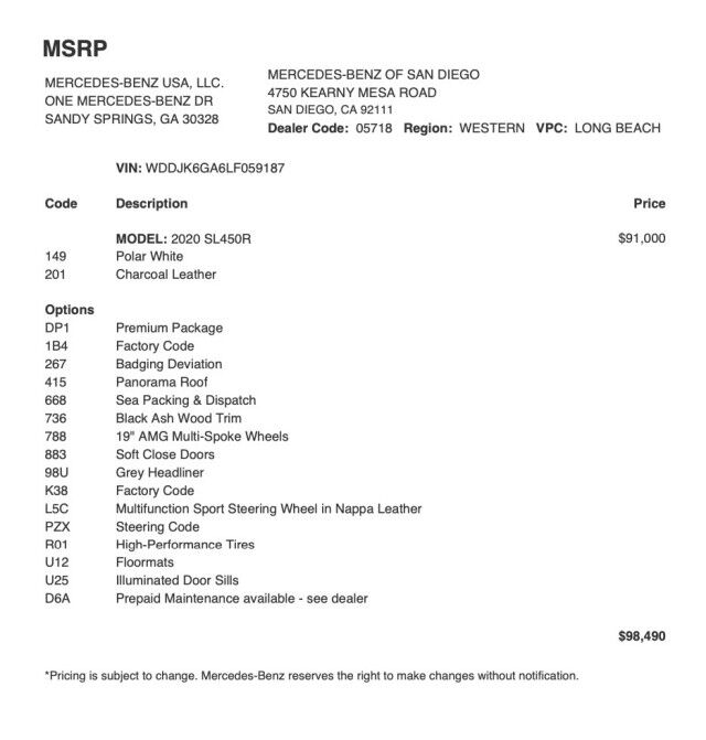 2020 Mercedes-Benz SL 450 Convertible *ONLY 9900 MILES* *PANORAMA ROOF* San Diego CA