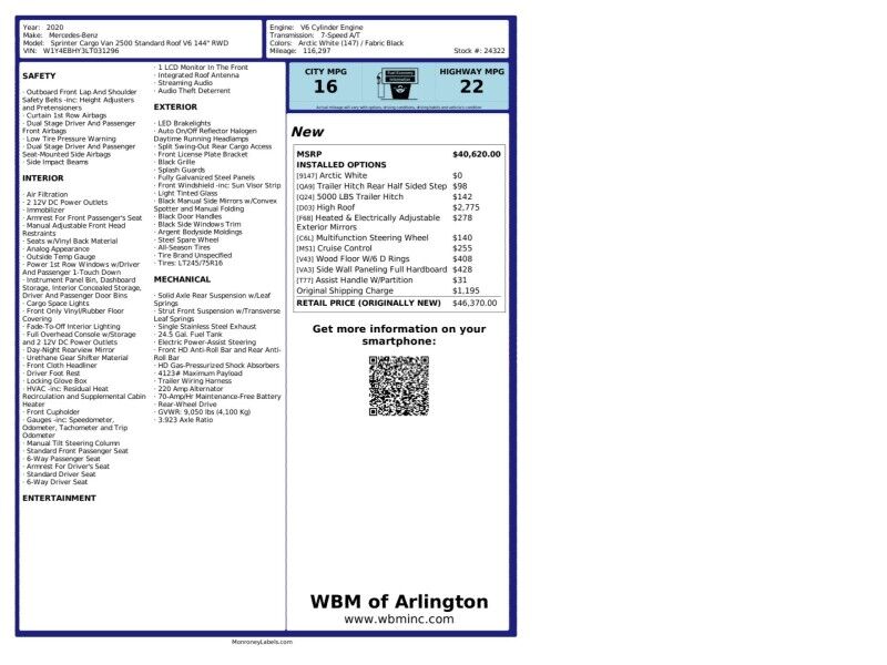2020 Mercedes-Benz Sprinter 2500 170 High Roof Cargo Van RWD Arlington VA