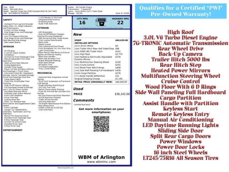 2020 Mercedes-Benz Sprinter Cargo 2500 170 V6 High Roof RWD