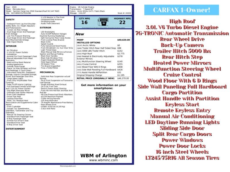 2020 Mercedes-Benz Sprinter Cargo 2500 170 V6 High Roof RWD