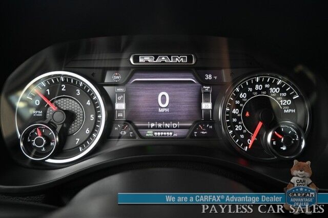 2020 Ram 1500 Big Horn / 4X4 / 5.7L V8 HEMI / Night Edition / Off Road & Level 2 Group / Crew Cab / Auto Start / Panoramic Sunroof / Power & Heated Cloth Seats / Heated Steering / Bed Liner / Tonneau Cover / Tow Pkg / 1-Owner Anchorage AK