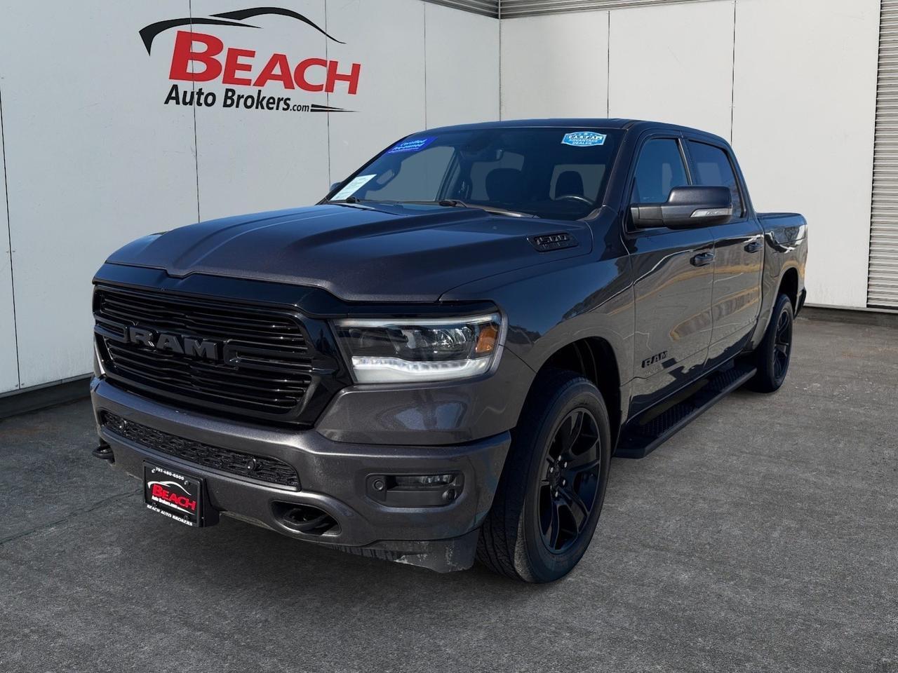 2020 Ram 1500 Big Horn CREW CAB 4X4 LEVEL 2, BIG SCREEN, PANORAMIC SUNROOF, HEATED SEATS, POWER SLIDING REAR WINDOW, UNIVERSAL GARAGE DOOR OPENER, APPLE CARPLAY/ANDROID AUTO, REMOTE START, RUNNING BOARDS, TOW PACKAGE, POWER/HEATED MIRRORS, BLIND SPOT ALERT, BACKUP