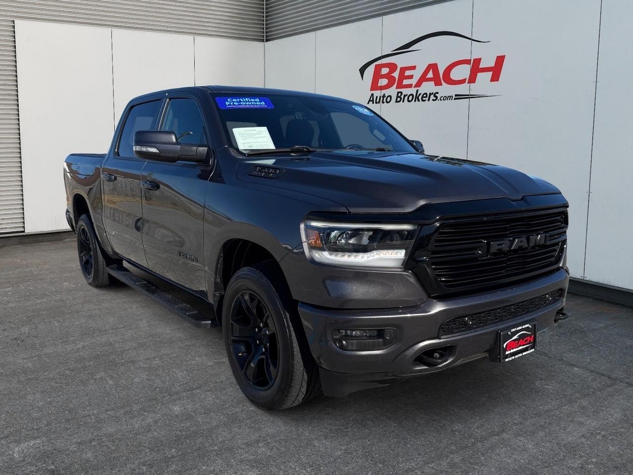 2020 Ram 1500 Big Horn CREW CAB 4X4 LEVEL 2, BIG SCREEN, PANORAMIC SUNROOF, HEATED SEATS, POWER SLIDING REAR WINDOW, UNIVERSAL GARAGE DOOR OPENER, APPLE CARPLAY/ANDROID AUTO, REMOTE START, RUNNING BOARDS, TOW PACKAGE, POWER/HEATED MIRRORS, BLIND SPOT ALERT, BACKUP