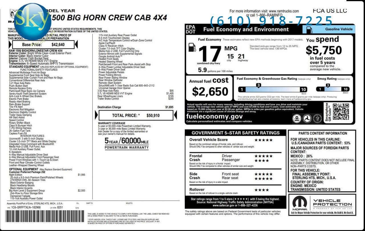 2020 Ram 1500 Crew Cab 4WD Big Horn NIGHT EDITION LEVEL 2 West Chester PA