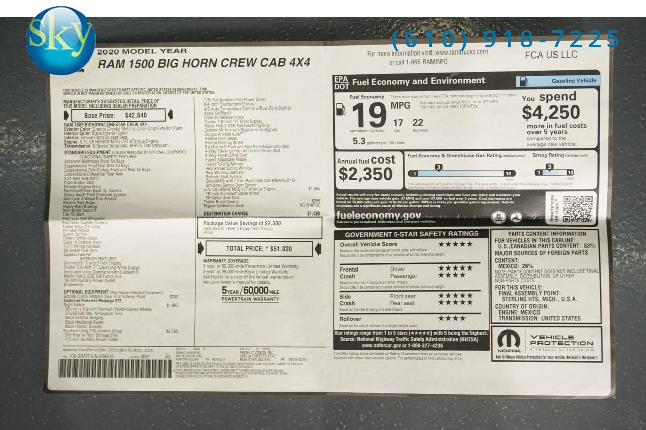 2020 Ram 1500 Crew Cab 4WD LIFTED Big Horn LEVEL 2 NIGHT EDITION V8 West Chester PA