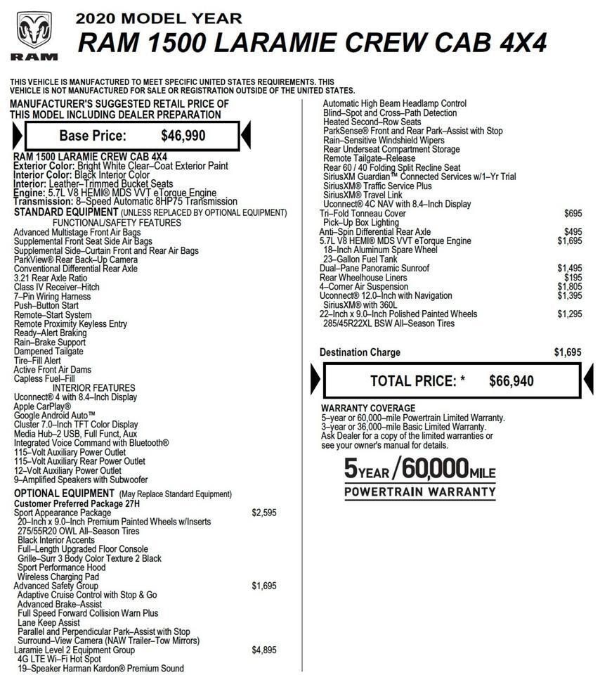 2020 Ram 1500 Laramie 4X4 / Level 2 Equipment / Air Suspension! Lincolnton NC