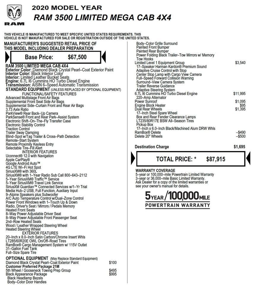 2020 Ram 3500 Limited 4X4 / DRW / MEGA CAB / Level 1 Equipment! Lincolnton NC