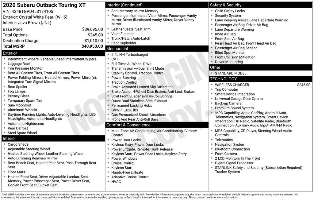 2020 Subaru Outback Touring XT OR