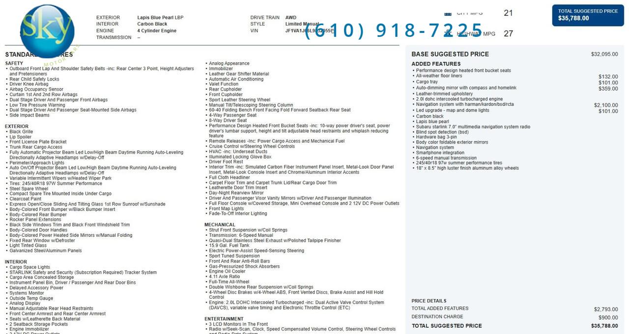 2020 Subaru WRX AWD Limited 6-SPEED MANUAL West Chester PA