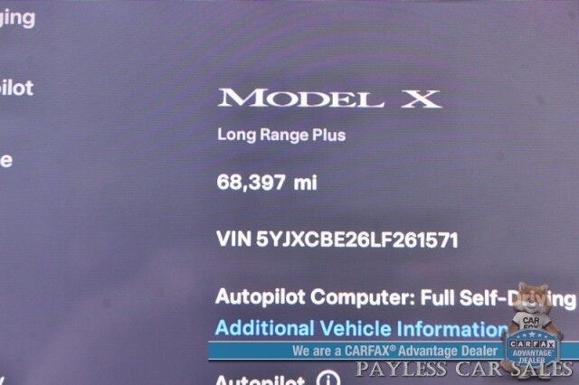 2020 Tesla Model X Long Range Plus / AWD / Front & Rear Heated Leather Seats / Heated Steering Wheel / NAV / Lane Departure & Blind Spot Alert / Autopilot / 3rd Row / Rear Captains Chairs / Seats 6 / 371 Mile Range / Tow Pkg / 1-Owner Anchorage AK 2020 Tesla Model X Long Range Plus / AWD / Front & Rear Heated Leather Seats / Heated Steering Wheel / NAV / Lane Departure & Blind Spot Alert / Autopilot / 3rd Row / Rear Captains Chairs / Seats 6 / 371 Mile Range / Tow Pkg / 1-Owner Anchorage AK