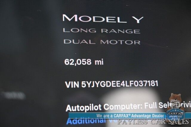 2020 Tesla Model Y Long Range / AWD / Full Self Driving Pkg / Acceleration Boost Pkg / Power & Heated Leather Seats / Heated Steering Wheel / NAV / Fixed Glass Roof / Lane Departure & Blind Spot Alert / Tow Pkg / 1-Owner Anchorage AK