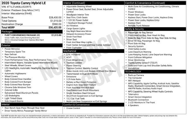 2020 Toyota Camry Hybrid LE Raleigh NC