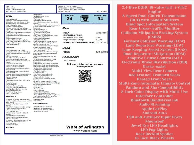 2021 Acura ILX FWD with Technology and A-SPEC Package Arlington VA