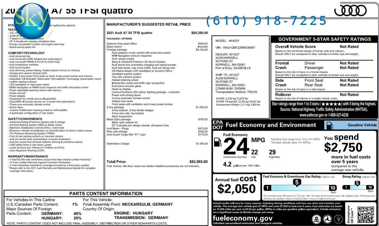 2021 Audi A7 Quattro AWD Prestige APR STAGE 1 TUNE West Chester PA