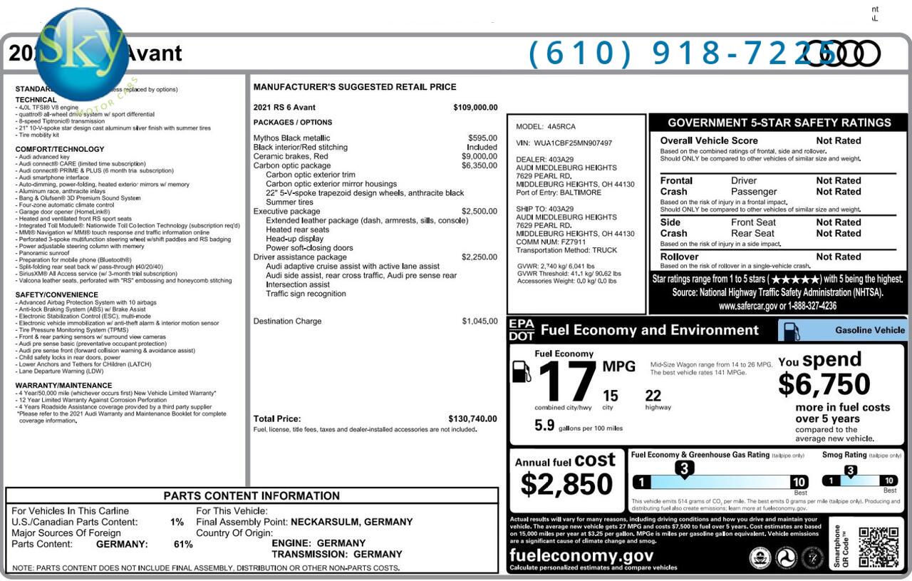 2021 Audi RS 6 Avant Quattro AWD Carbon Ceramics + Carbon Optic