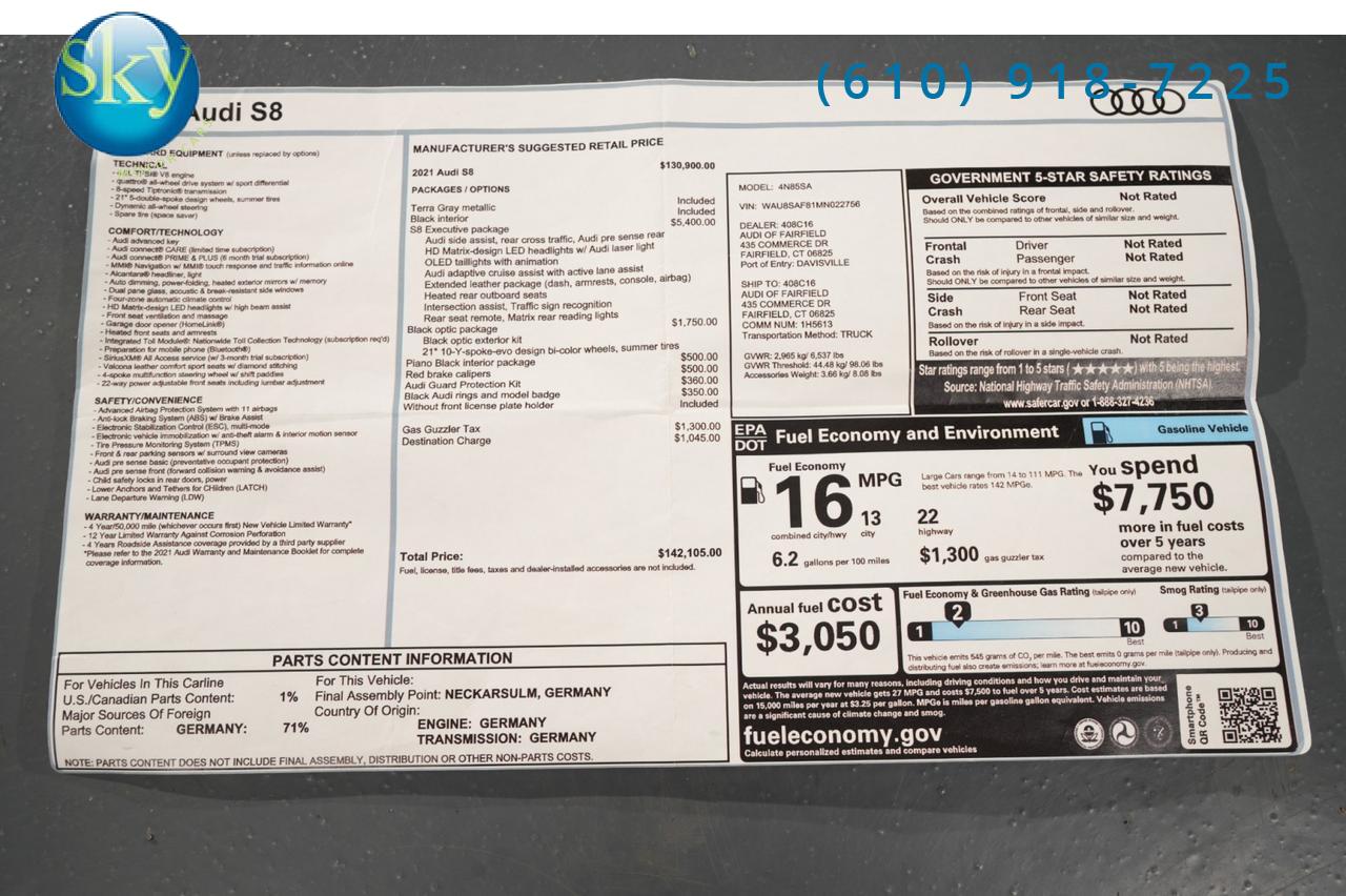 2021 Audi S8 Quattro AWD $142,105 MSRP West Chester PA