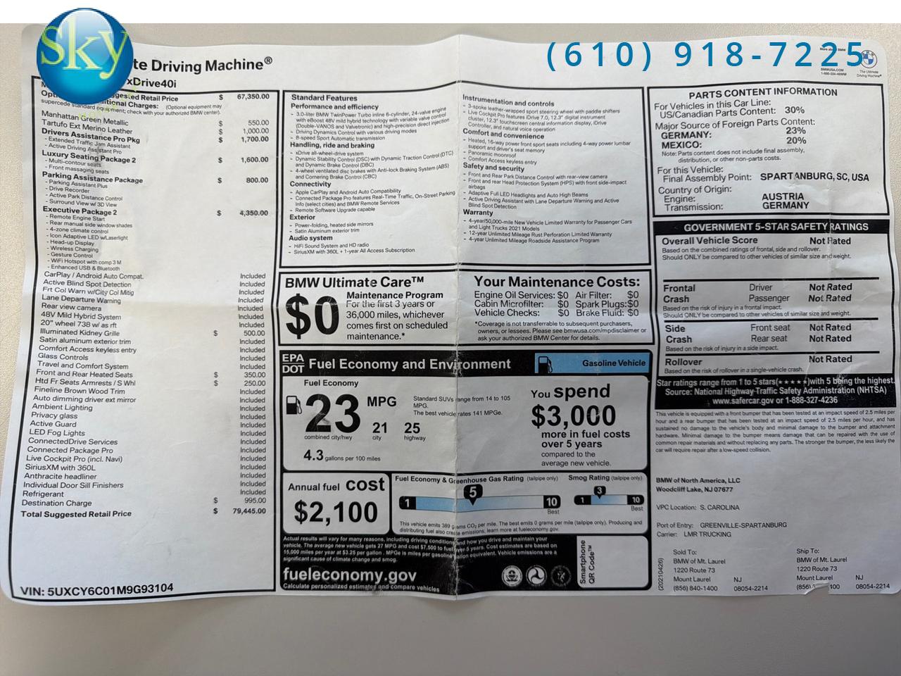 2021 BMW X6 AWD xDrive40i xDrive Driver Ast. + Luxury + Executive Pkgs