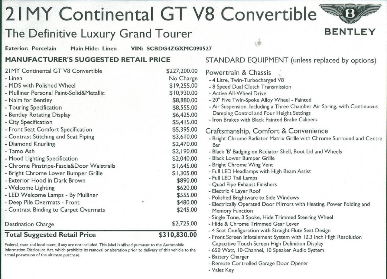 2021 Bentley Continental GT V8 Convertible / Mulliner Personal Paint / Naim Audio! Lincolnton NC