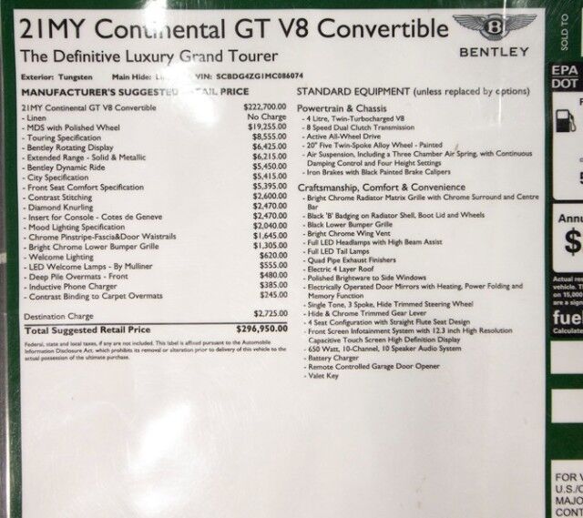 2021 Bentley Continental GTC V8 Convertible ($296,950 MSRP!) *$71,000 IN OPTIONS* *TUNGST San Diego CA