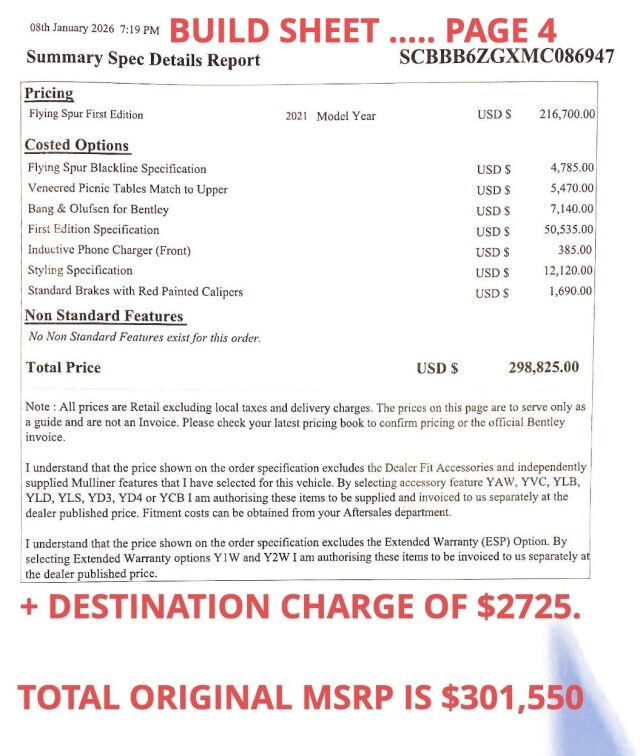 2021 Bentley Flying Spur W12 ($301,550 MSRP!!) *FIRST EDITION SPECIFICATION* *1-OWNER* *9800 MILES* *CARBON FIBER BODYKIT* *$82,000 IN OPTIONS* San Diego CA
