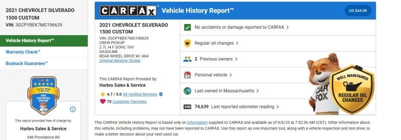 2021 Chevrolet Silverado 1500 Custom - 1 OWNER - WELL MAINTAINED Webster MA