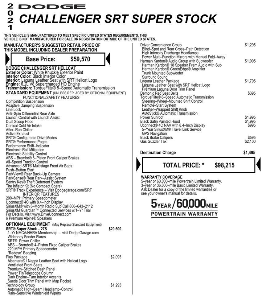 2021 Dodge Challenger SRT Super Stock / 6.2L HO V8 / Plus Package! Lincolnton NC