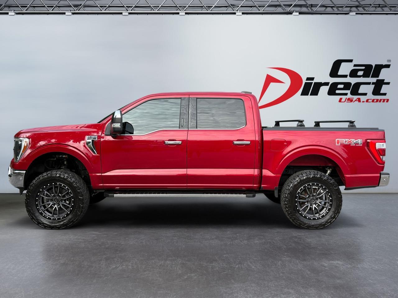2021 Ford F-150 LARIAT, POWER TAILGATE, LIFTED, HARD TONNEAU COVER WITH RACKS, 360 BACKUP CAMERA, PANO MOONROOF, AUTO START/STOP, HEATED FRONT & REAR SEATS, BLIND SPOT ALERT, FORWARD COLLISION WARNING, CUSTOM FUEL WHEELS, BUILT TOUGH, LUXURY FEATURES!