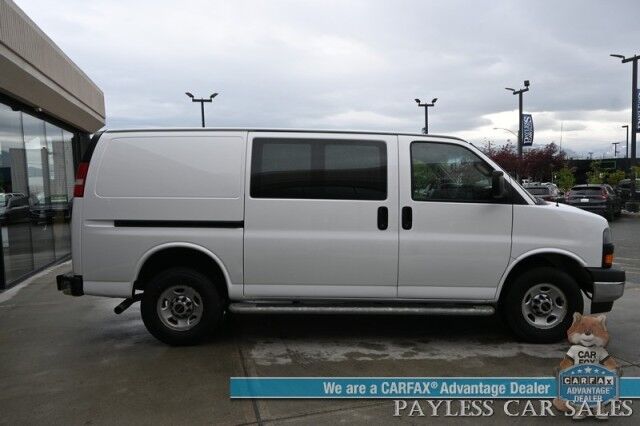 2021 GMC Savana Cargo Van / Chrome Appearance & Cold Climate Pkg / 4.3L V6 / Bulkhead / Power Locks, Windows & Mirrors / Aux Input / Air Conditioning / Cruise Control / Running Boards / 1-Owner Anchorage AK