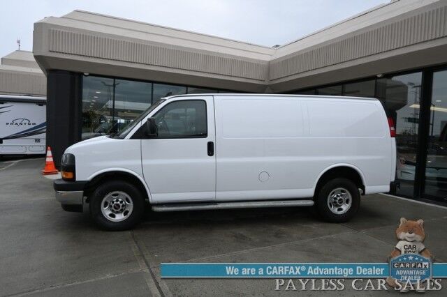 2021 GMC Savana Cargo Van / Chrome Appearance & Cold Climate Pkg / 4.3L V6 / Bulkhead / Power Locks, Windows & Mirrors / Aux Input / Air Conditioning / Cruise Control / Running Boards / 1-Owner Anchorage AK