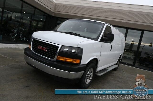 2021 GMC Savana Cargo Van / Chrome Appearance & Cold Climate Pkg / 4.3L V6 / Bulkhead / Power Locks, Windows & Mirrors / Aux Input / Air Conditioning / Cruise Control / Running Boards / 1-Owner Anchorage AK